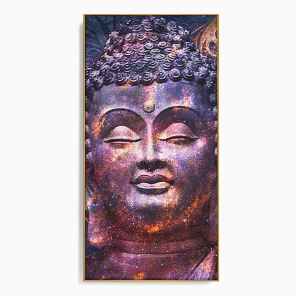 Tablou canvas cu tablou canvas cu capul lui buddha si universul, in rama de aluminiu auriu